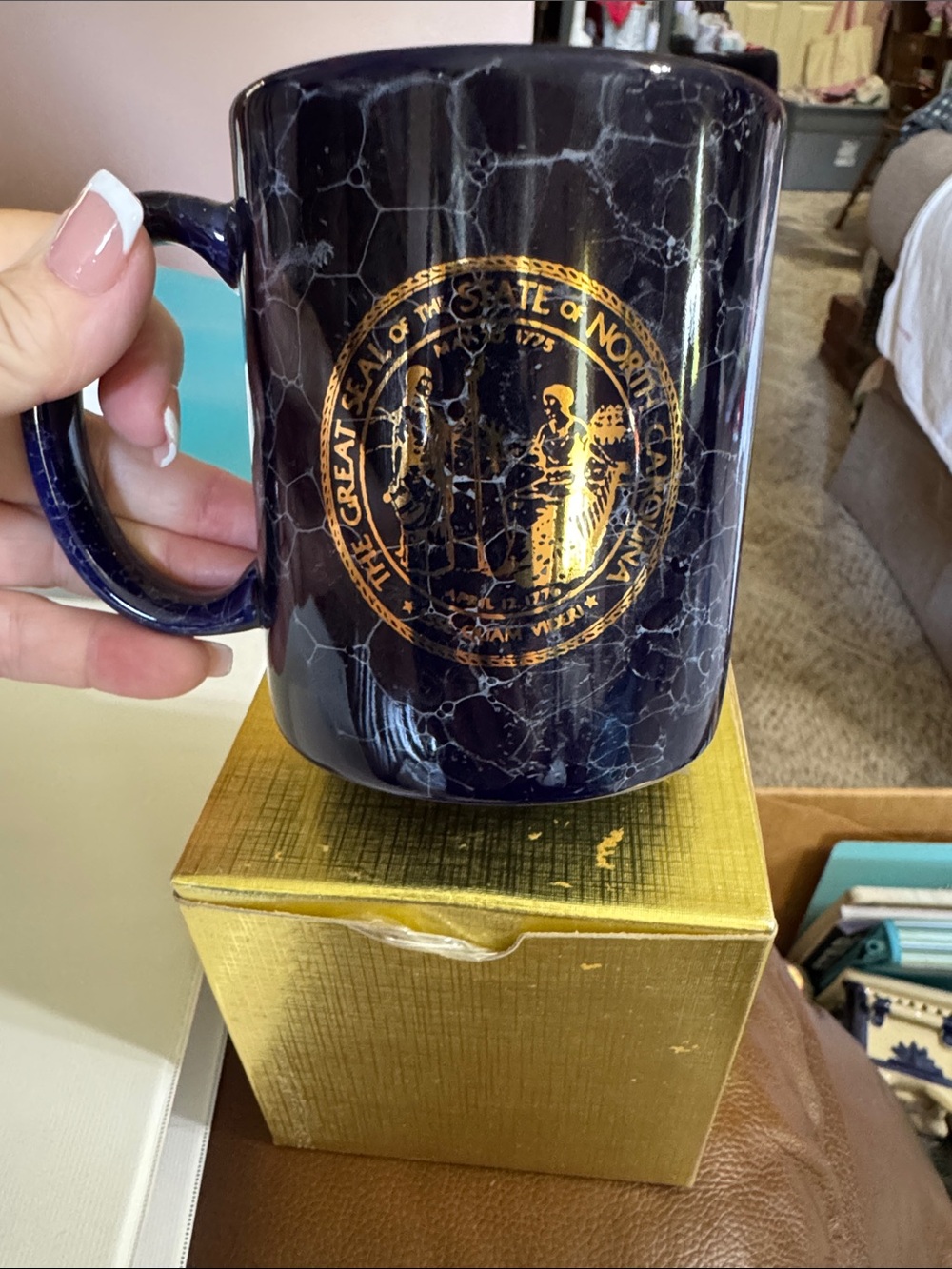 Navy Marble Ceramic Mug with Gold State Seal North Carolina